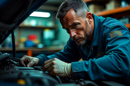 A skilled mechanic, wearing a blue uniform and protective gloves, intensely examines and works on a car's engine. The background suggests a busy workshop environment with tools.の素材