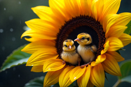 Two fluffy yellow baby birds are peeking out from the center of a vibrant, large sunflower. Their tiny beaks are visible, and they appear to be looking out curiously.の素材