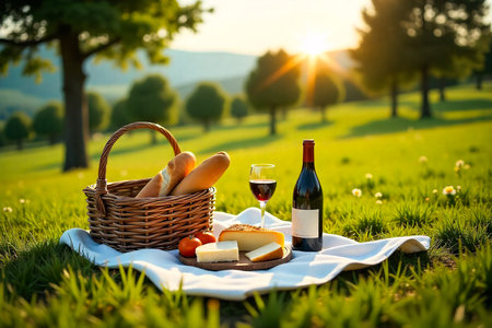 A picturesque picnic setup bathed in the warm glow of sunset. A wicker basket overflows with baguettes, accompanied by cheese, tomatoes, and a glass of red wine on a white cloth.の素材
