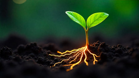 A young plant with bright green leaves pushes through dark soil. Its luminous, intricate root system glows with an inner light, symbolizing growth and vitality.の素材