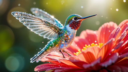 A tiny, iridescent hummingbird with shimmering, jewel-like feathers rests on a large, bright red flower. Golden sunlight filters through the background, creating a magical.の素材