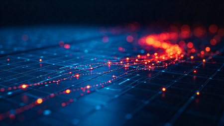 A close-up, abstract view of a digital network or circuit board illuminated by vibrant red and blue lights, creating a sense of futuristic technology and data flow.の素材
