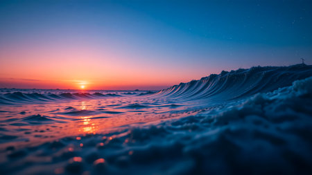 A dramatic ocean wave crests and crashes, illuminated by the warm, vibrant hues of a setting sun. The sky transitions from deep blue to fiery orange and pink.の素材
