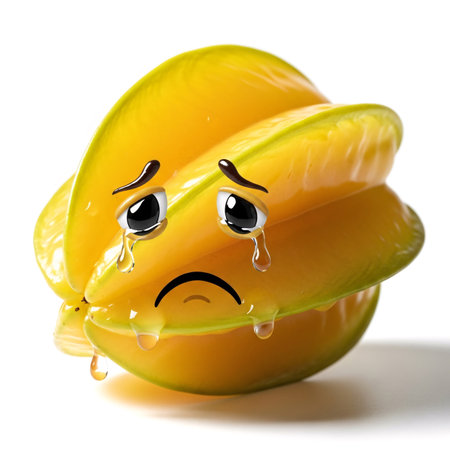 A close-up of a yellow star fruit with a sad face drawn on it. Tears are depicted as dripping from its eyes, creating a sense of melancholy.の素材
