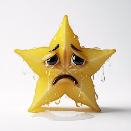 A close-up studio shot of a bright yellow starfish with a distressed expression. Water droplets are visible on its surface and falling from its eyes, creating a sense of sadness.の素材