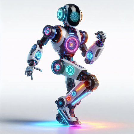 A highly detailed, futuristic humanoid robot stands in a dynamic, mid-stride pose. Its body is illuminated with vibrant neon blue and purple lights.の素材