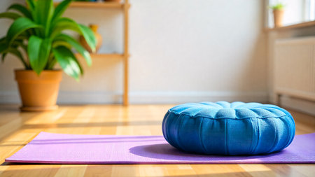 A tranquil corner of a room features a purple yoga mat with a textured blue zafu cushion. Sunlight streams in, illuminating the wooden floor and a potted plant.の素材