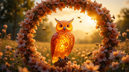 A majestic owl with glowing orange feathers sits serenely within a circular floral frame. The soft, warm light of a sunset illuminates the scene, creating a magical.の素材
