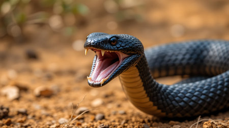 A close-up shot of a black snake with its mouth open in a defensive posture. The snake's scales are visible, and its tongue is flicking. The background is blurred earth.の素材