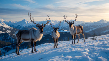 Three reindeer with impressive antlers stand on a snow-covered mountain. The winter landscape is bathed in the warm glow of a setting sun, with majestic, snow-capped peaks.の素材