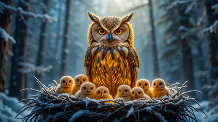 A magnificent Great Horned Owl stands guard over a nest filled with fluffy, yellow owlets. The scene is set in a serene, snow-covered forest with soft, ethereal lighting.の素材
