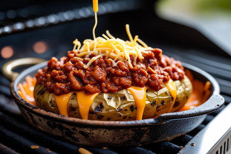 A hearty baked potato is generously topped with savory chili and shredded cheese, with more cheese being melted and drizzled over the top, all prepared on an outdoor grill.の素材