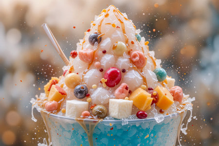 A vibrant, multi-layered dessert is presented in a clear glass, adorned with an abundance of fresh fruit, candies, and drizzles of sauce, creating a visually appealing treat.の素材