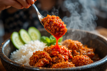 A close-up shot of a spoon lifting a portion of steaming, rich red curry from a bowl. The curry is generously ladled over a bed of fluffy white rice, garnished with fresh cucumber.の素材