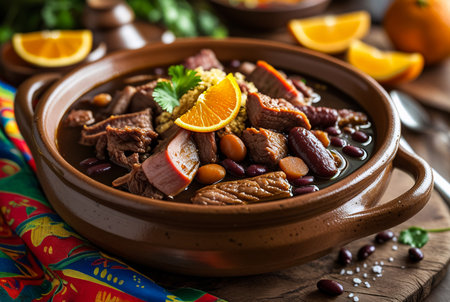 A rich and savory Brazilian feijoada stew, featuring tender meats and black beans, is presented in a rustic clay bowl. Garnished with vibrant orange slices and fresh parsley.の素材