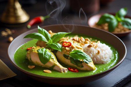 A vibrant bowl of green curry showcases tender chicken pieces swimming in a rich, aromatic sauce, served alongside fluffy white rice and topped with fresh basil.の素材