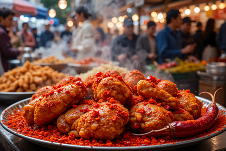 A close-up shot of a large platter overflowing with glistening, red-spiced fried chicken drumsticks. Steam rises from the hot food, with a blurred background.の素材