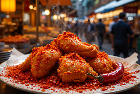 A close-up view of a generous pile of crispy fried chicken pieces, generously coated in a vibrant red spice mix. A single red chili pepper rests on top.の素材
