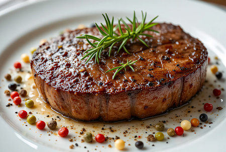 A perfectly grilled, thick cut beef steak sits on a white plate, garnished with a sprig of rosemary and surrounded by colorful peppercorns, creating an appetizing culinary.の素材