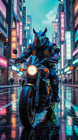 A Futuristic Rhino Warrior Rides A Powerful Motorcycle Through A Vibrant, Rain-slicked City Street Illuminated By Glowing Neon Signs And Reflections.の素材