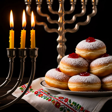A close-up shot captures the warm glow of lit Hanukkah candles on a menorah, alongside a plate piled high with powdered sufganiyot doughnuts, creating a cozy holiday atmosphere.の素材