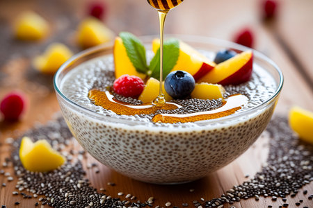 A close-up shot of a glass bowl filled with creamy chia seed pudding. It is generously topped with vibrant fresh berries, peach slices, and a drizzle of golden honey.の素材