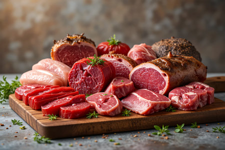 Premium assortment of raw beef steaks, roasts, and various fresh meat cuts displayed on a rustic wooden cutting board with herbs and spices.の素材
