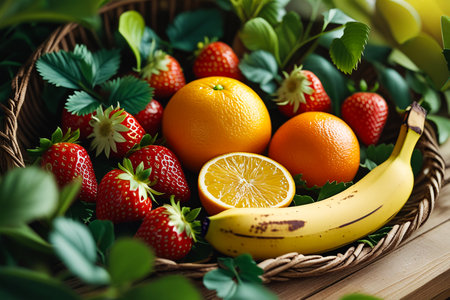 A woven basket overflows with vibrant, ripe fruits including juicy strawberries, bright oranges, and a yellow banana. Lush green leaves surround the bounty, creating a fresh.の素材