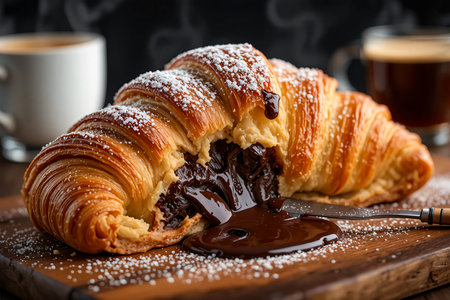 A close-up shot of a freshly baked, flaky chocolate croissant, oozing rich, melted dark chocolate onto a wooden board, lightly sprinkled with fine white sugar.の素材