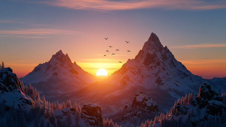 A dramatic winter landscape at sunrise or sunset. Majestic snow-capped mountains frame the bright sun, with a flock of birds silhouetted against the vibrant, colorful sky.の素材