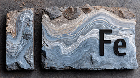 A close-up view showcases the chemical symbol Fe, representing iron, prominently displayed on a rough, textured rock. The rock features intricate, wavy patterns of blue and gray.の素材