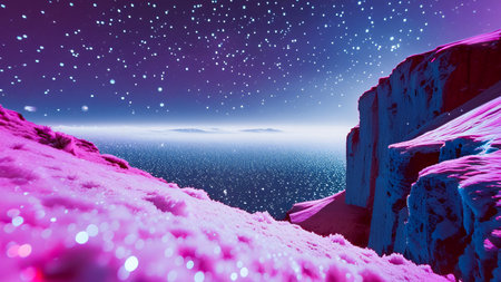 Stunning vibrant fantasy landscape featuring glowing pink snow, steep cliffs, and a star-studded purple sky over a glittering, dark sea. A surreal, ethereal alien world.の素材