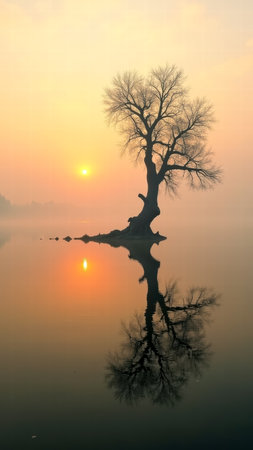 A majestic, solitary bare tree silhouetted against a soft golden sunrise, perfectly reflected on the still, foggy lake surface. Emphasizes tranquility, strength.の素材