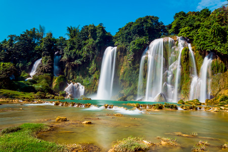 Bangioc waterfall in caobang, Vietnam - The Waterfalls are located in an area of ??mature karst limestone formations Were the original layers are being eroded bedrock.の写真素材