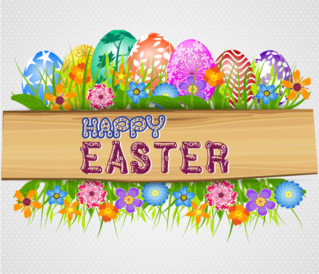 The Easter with eggs and wood sign boardのイラスト素材