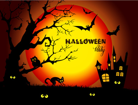 Halloween night background with full Moon and black cat.のイラスト素材
