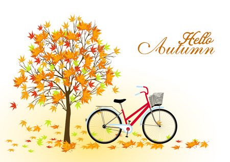 Autumn background with a tree and a bicycle. Vectorのイラスト素材