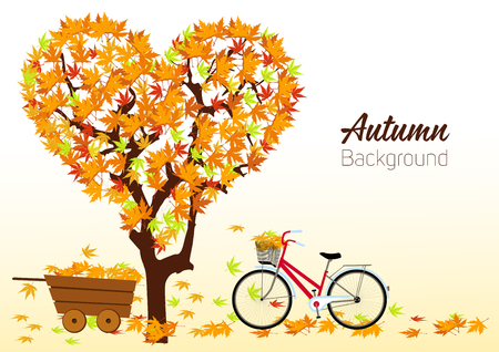 Autumn background with a tree and a bicycle. Vectorのイラスト素材