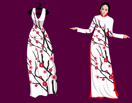 Vector Cherry blossom on long dress for happy chinese new yearのイラスト素材
