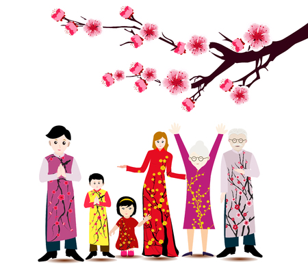 Happy  Chinese New Year with happy family and long dress.のイラスト素材