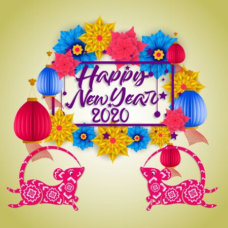Happy chinese new year 2020 with colorful flower year of the rat.のイラスト素材