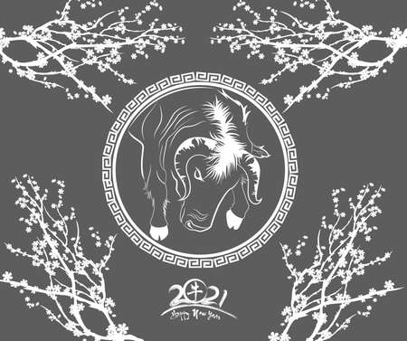 Happy chinese new year 2021 with cherry blossom flower year of the Oxのイラスト素材