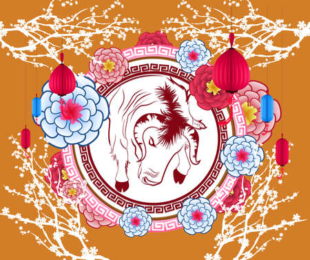 Happy chinese new year 2021 with cherry blossom flower year of the Oxのイラスト素材