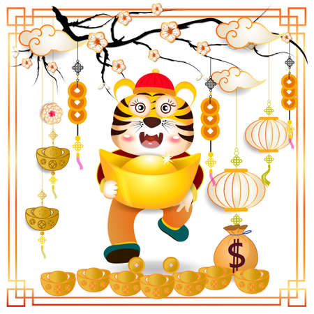 Happy Chinese new year 2022 - year of the Tiger with baby tiger cartoonのイラスト素材