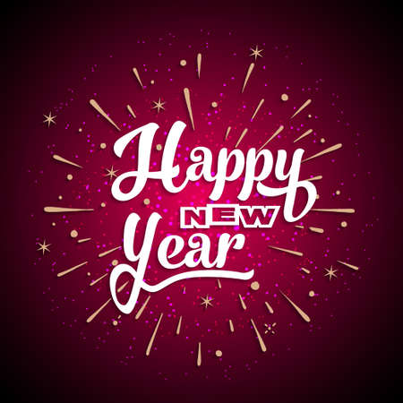 Happy New Year Greeting Card. Holiday Vector Illustration With Lettering Composition And Burst. Vintage festive labelのイラスト素材