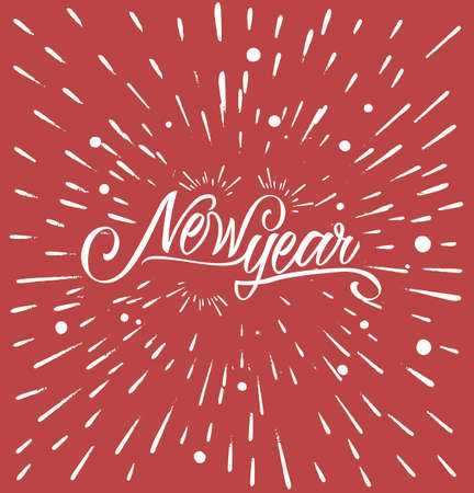 Happy New Year Greeting Card. Holiday Vector Illustration With Lettering Composition And Burst. Vintage festive labelのイラスト素材