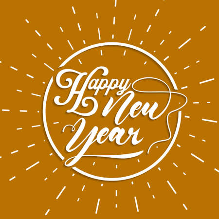 Happy New Year Greeting Card. Holiday Vector Illustration With Lettering Composition And Burst. Vintage festive labelのイラスト素材