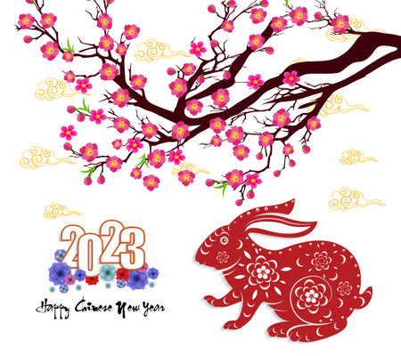 Happy new year 2023, Chinese new year, Year of the Rabbit, Zodiac sign for greetings card, (Translation : Happy new year)のイラスト素材