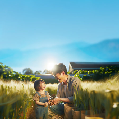 Father and son in wheat field. Concept of agriculture and family.の素材