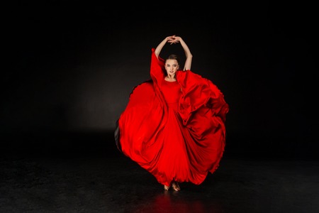 Young beautiful female flamenco dancer posing on a studio background